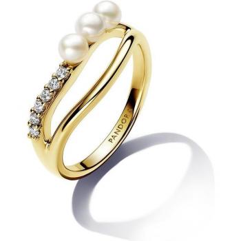 Anillo Pandora de Perla Cultivada de Agua Dulce y Doble Banda en Oro con Circonitas, Talla 52