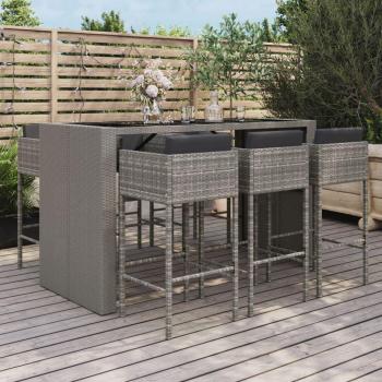 Mesa y taburetes altos de jardín con cojines de ratán PE gris