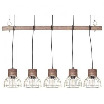 Lámpara Colgante Rústica de Techo 5 Luces Madera de Mango y Pantalla de Hierro en Latón Varada