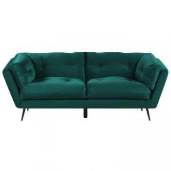 Sofá de 3 plazas tapizado en terciopelo verde oscuro con patas de metal y cojines adicionales, dimensiones 210 x 90 cm, modelo Lenvik