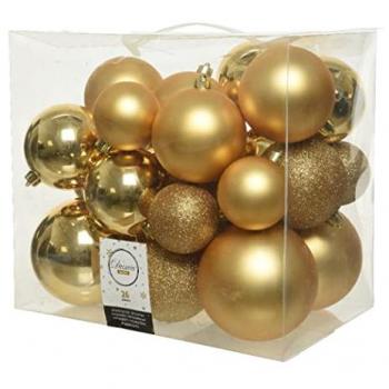 Caja de 26 Bolas Decorativas Doradas para Árbol de Navidad (Tamaños: ø6cm, ø8cm, ø10cm)
