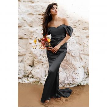 Goddiva Off Shoulder Satin Maxi Dress With V Neck - Black