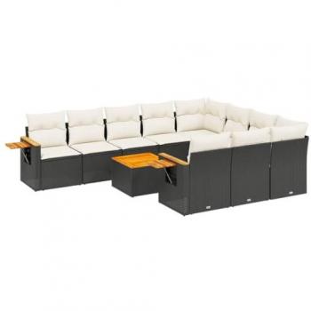 11-Piece Black Poly Rattan Garden Sofa Set with Cushions