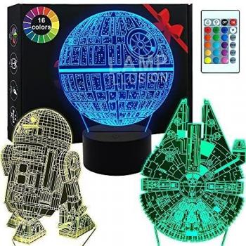 Star Wars Lampara 3D Luz Nocturna Infantil-16 Colores Cambio & 3 Modelos & 1 Base & 1 Remoto-Millennium R2-D2 StarWars Lámpara de decoración Regalo Para Niños Hombre