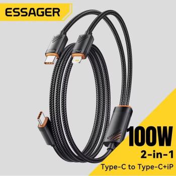 Essager 2-in-1 USB Charging Cable - Lightning & Type C for iPhone, Huawei, Samsung, MacBook, iPad - 1.2m Black