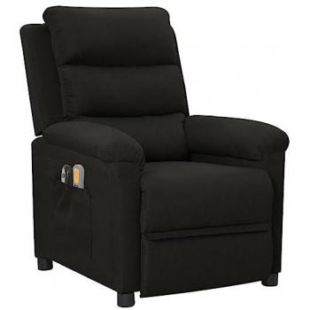 Sillón de masaje eléctrico reclinable en tela negra con respaldo y reposapiés ajustables, ideal para oficina, estudio o casa