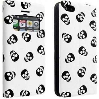 niceeshop(TM) Blanca Funda Carcasa Case de Cuero de Soporte Plegable de Polvo Brillo Cráneo de Ventana Viata con Tarjeta para iPhone 5 5S con una protector de pantalla