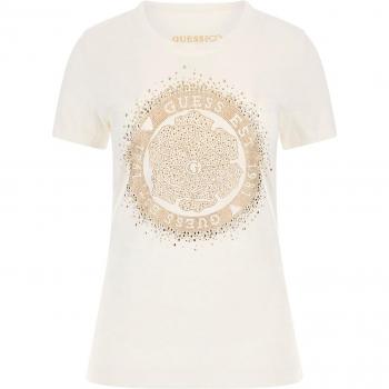 T-Shirt Stretch Slim Fit Mujer Guess Camelia con Logo Brillante Blanca