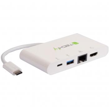 Adaptador Docking Station Techly USB-C a HDMI/RJ45/USB-A, 4 Puertos, Blanco