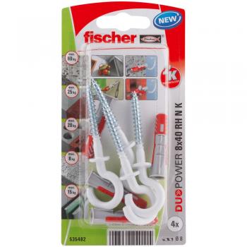 Taco de Anclaje Fischer DuoPower 8 x 40 mm con Gancho Redondo - Set de 4 Piezas, Nylon y Composición Doble para Mayor Rendimiento