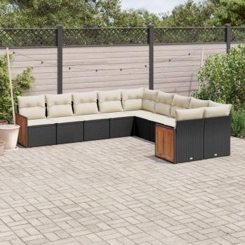 10-Piece Black Poly Rattan Garden Sofa Set with Cushions