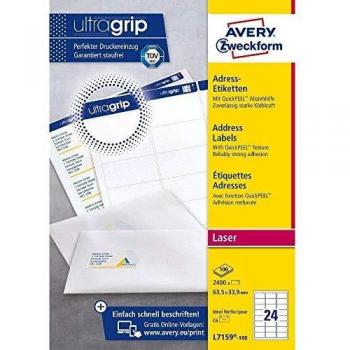 Avery L7159-100, Etiquetas de Dirección, Laser, Blanco, 63.5 x 33.9 mm, 100 hojas/2400 piezas