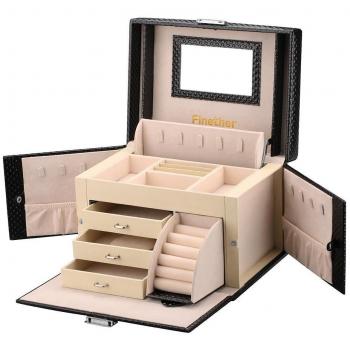 Finether-Joyero Bloqueable（Caja de joyas,Estuche Rectangular para Guardar Joyas,Pendientes,Anillos y Collares, Espejo y Cajones,Textura deDiamante,Tapa Elevable,）Negro.