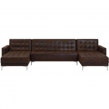Sofá Cama Modular en Forma de U 5 Plazas Marrón Piel Sintética con Chaise Longue Tufted Moderno Aberdeen