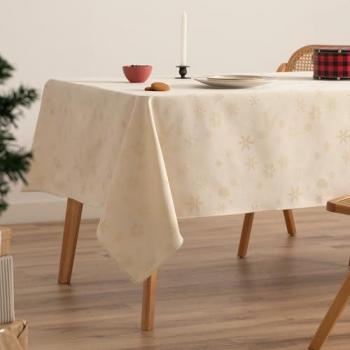 Mantel Rectangular Jacquard de Algodón para Navidad con Copos de Nieve Crudo 140x350 cm