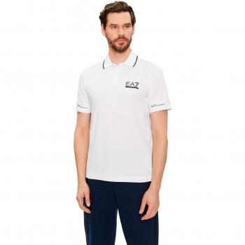 EA7 Emporio Armani Men's White Polo Shirt with Navy Blue Trim, Size L
