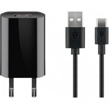 Cable de carga USB Tipo C 1A 1m Negro con adaptador de corriente y salida USB 2.0