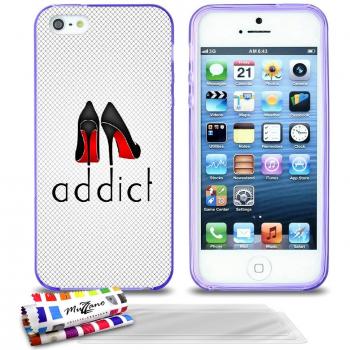 Carcasa Flexible Ultra-Slim APPLE IPHONE 5 de exclusivo motivo [Shoe Addict] [Violeta] de MUZZANO + 3 Pelliculas de Pantalla UltraClear + ESTILETE y PAÑO MUZZANO REGALADOS - La Protección Antigolpes ULTIMA, ELEGANTE Y DURADERA para su APPLE IPHONE 5