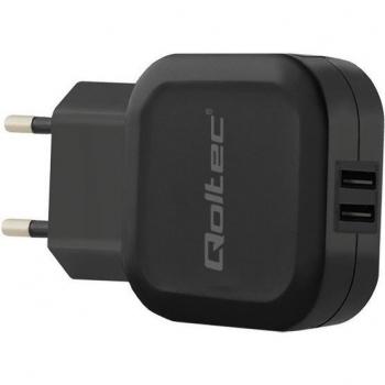Cargador de Pared Qoltec 50186 - 17W, 5V, 3.4A, 2 Puertos USB, Negro