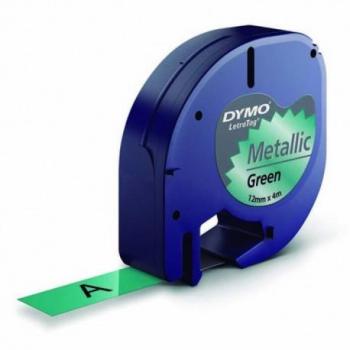 Cinta de Etiquetas Genérica Compatible con Dymo LetraTag S0721740 para Rotuladora - Texto Negro sobre Fondo Metálico Verde - Ancho 12mm x Longitud 4m
