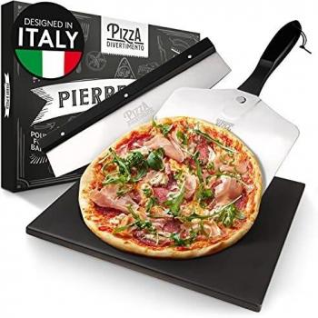 Pizza Divertimento - Piedra de pizza para horno y parrilla de gas - Con deslizador y cortador de pizza - Piedra de pizza de cordierita - Piedra de pizza base crujiente