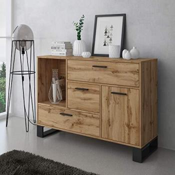 Aparador Raw - Buffet/Aparador 1 Puerta, 3 cajones para Salón, Comedor, Mueble Auxiliar, Acabado en Color Roble Rústico, Medidas: 120 cm (Ancho