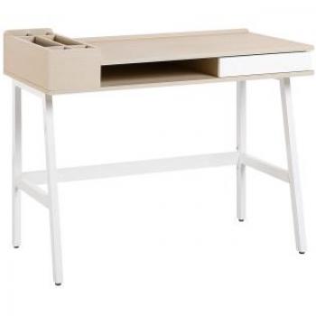 Escritorio Paramaribo de chapa de madera clara con tapa de 100 x 55 cm, estructura de metal blanco y un cajón