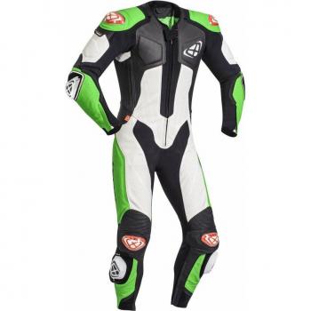 Ixon Mono de Cuero Vendetta Evo Negro-Blanco-Verde con características de traje de moto, diseño aerodinámico, protección CE en codos y hombros, refuerzos en las zonas críticas, ventilación optimizada, for