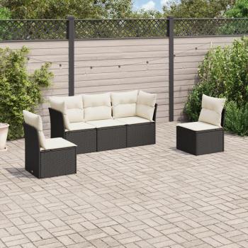 5-Piece Black Poly Rattan Garden Sofa Set with Cushions