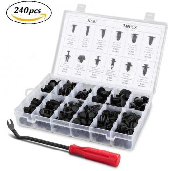 SOLEILER 240 Pzas Clips Remaches Plástico para Coche Remache para Guardabarros Parachoques Set de Retenedor Coche Grapas Negro Universal con Herramienta de Desmontar