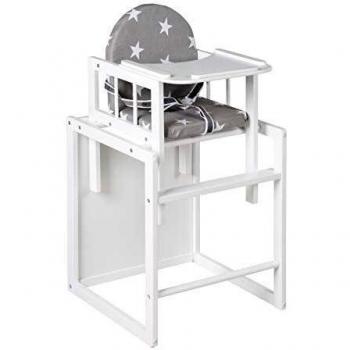 Trona Combi roba, trona con bandeja transformable en silla y mesa independientes, trona infantil de madera lacada en blanco, asiento tapizado en diseño 'Little Stars'