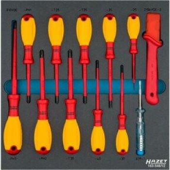 HAZET 163-546/12 Juego de destornilladores con aislamiento de protección, incluye perfiles Phillips (PH), TORX® interior y ranura, tamaños de ranura 0,4 x 2,5 a 0