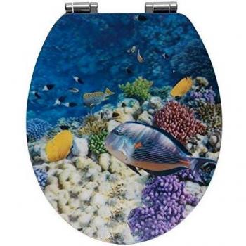 Tapa WC 3D Pez Multicolor con Sistema de Cierre Suave, MDF, 38 x 44.5 cm