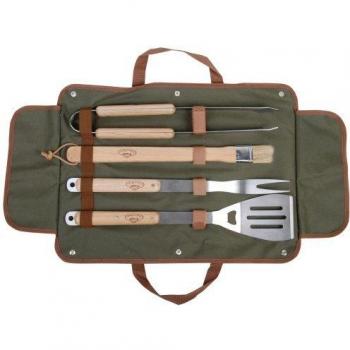 Set de 4 utensilios para barbacoa en bolsa de tela - Acero inoxidable y madera de fresno