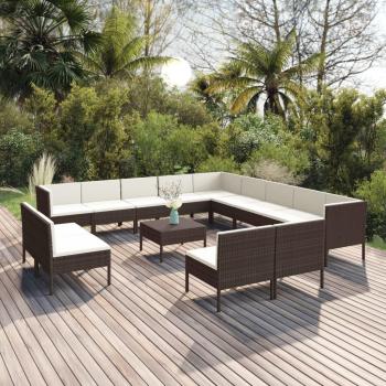 14-Piece Brown Poly Rattan Garden Lounge Set with Cushions