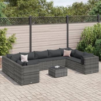 10-Piece Gray Poly Rattan Garden Lounge Set with Cushions