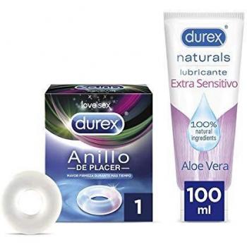 Durex Naturals Lubricante De Base Agua 100% Natural Extra Sensitivo Con Aloe Vera + Anillo De Placer Para Mayor Firmeza, Negro, 100 ml, 2 Mililitro