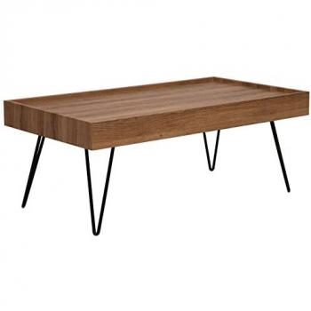 Mesa de Centro Industrial Rectangular de Madera Oscura 100 x 60 cm con Patas de Horquilla Metálicas Negras y Bordes Elevados Welton