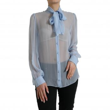 Dolce & Gabbana Blue Silk Long Sleeve Ascot Collar Blouse Top - IT46|XL