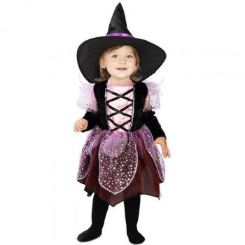 Disfraz de Brujita Morada para bebé y niña - incluye vestido morado con detalles en negro, sombrero de bruja a juego, talla disponible para bebés y niñas, ideal para Halloween o fiestas temáticas