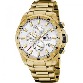 Reloj Festina Chrono Sport F20541/1 para Hombre, Caja de Acero Inoxidable 316L Dorado, Correa de Acero Plateado, Cronógrafo