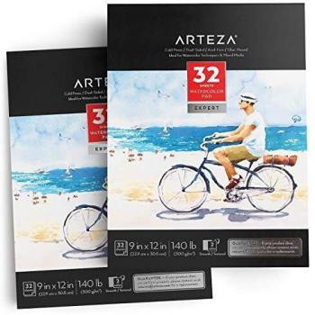 ARTEZA Cuadernos de papel de acuarelas para expertos | Set de 2 blocs de 32 hojas | Total 64 hojas | 300gsm | 22,9x30,5 cm | Prensado en frío y sin ácido | Ideales para técnicas de acuarela y mixtas