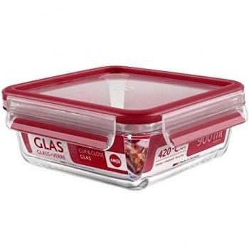 Emsa Clip & Close Conservador Hermético de Cristal de borosilicato Cuadrado, higiénico, no retiene olores ni sabores 100% Libre de BPA, Transparente y Rojo, 0.95 L