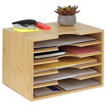 Organizador de Documentos A4 de Bambú Natural, 5 Compartimentos para Oficina, 23.5 x 32.5 x 24 cm