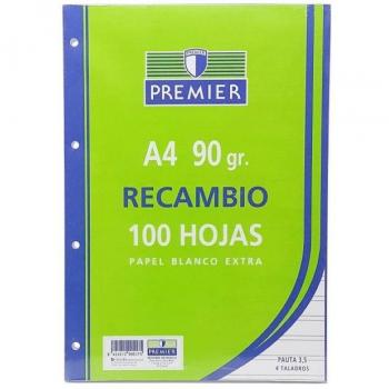 Recambio Premier A4 100 Hojas 90g/m² Pauta 3.5mm Cuadriculada con Margen 4 Taladros
