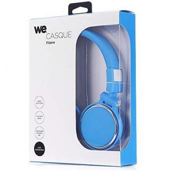 Soporte de escritorio flexible para 2 pantallas, neumático y ajustable en altura con sujeción o pasacables DS3002C-B1. Auriculares cableados azules con micrófono WE. Auriculares de audio cable