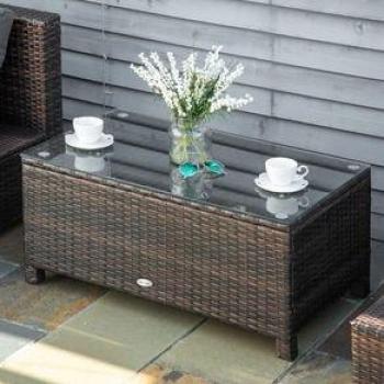 Mesa Auxiliar de Ratán Sintético con Vidrio Templado para Exterior Marrón 85x50x39 cm