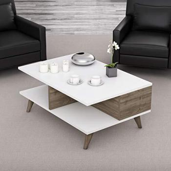 Homemania Mesa de café, aglomerado de melamina, Blanco, Nogal, 90 x 60 x 38.6 cm