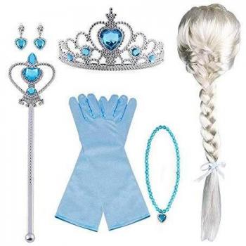 Vicloon Princesa Vestir Accesorios, 9 Pcs Azul Elsa Princesa Accesorios de Disfraces, Regalo Conjunto de Belleza - Peluca Corona Anillo Sceptre Collar Pendientes Guantes para Niña
