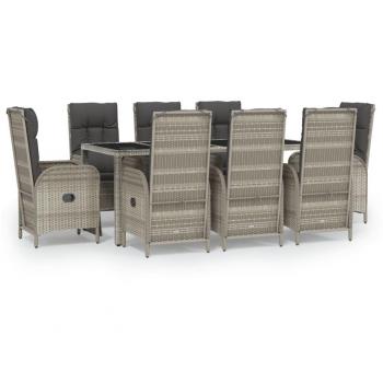 9-Piece Grey Poly Rattan Garden Dining Set with Cushions